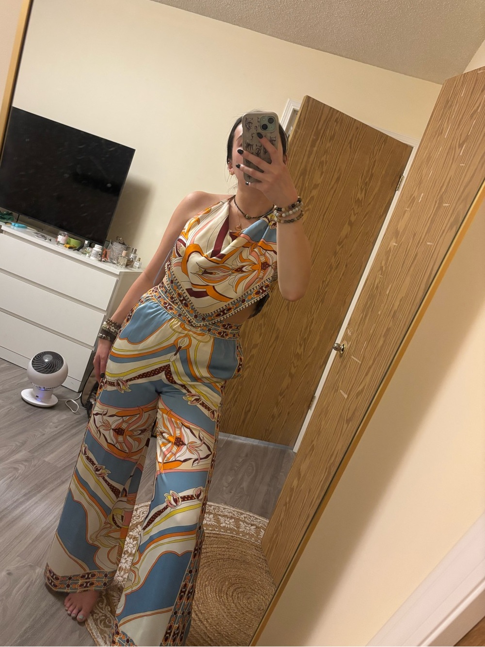 Rachel Zoe Blue and Orange Printed Scarf Top and Wide Leg Pants